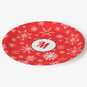 Schattig monogrammen sneeuwvlokpatroon rood schatt papieren bordje (Gekanteld)