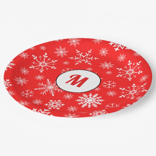 Schattig monogrammen sneeuwvlokpatroon rood schatt papieren bordje (Gekanteld)