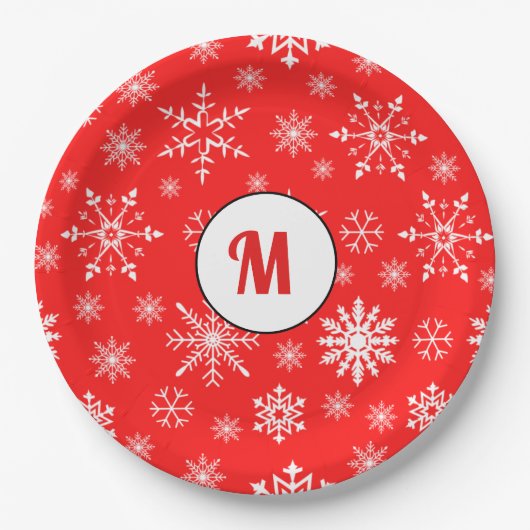 Schattig monogrammen sneeuwvlokpatroon rood schatt papieren bordje (Voorkant)