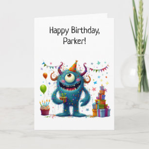 Schattig monster in feesthoed met ballonnen en cad kaart