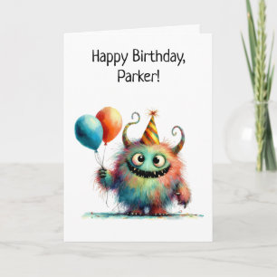 Schattig monster in verjaardagshoed met ballonnen kaart