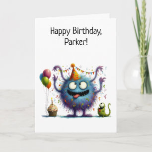 Schattig Monster met Ballonnen en Taart Verjaardag Kaart