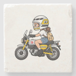 Schattig Motor Meisje – Gele Mini Motor Cartoon On Stenen Onderzetter