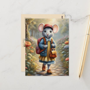 Schattig muis meisje op weg naar school, op maat g briefkaart