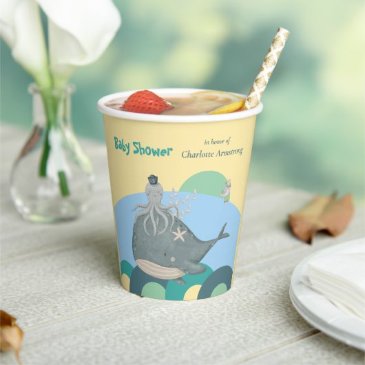 Schattig Nautical Whale Squid Yellow Baby shower Papieren Bekers (Insitu)