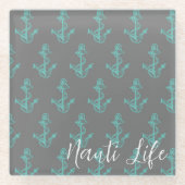 schattig, nautisch NAUTI LIFE-script + anker | Glazen Onderzetter (Voorkant)