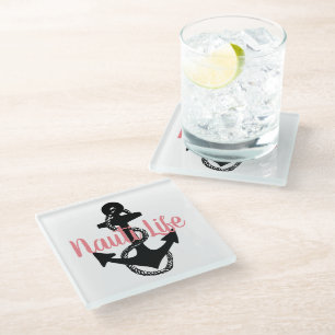 schattig, nautisch NAUTI LIFE-script + anker Glazen Onderzetter