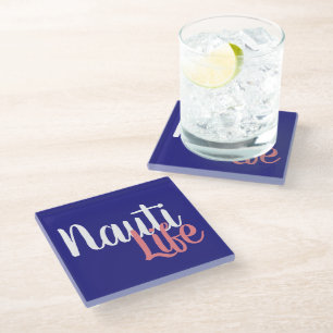 schattig, nautisch NAUTI LIFE-script op marineblau Glazen Onderzetter