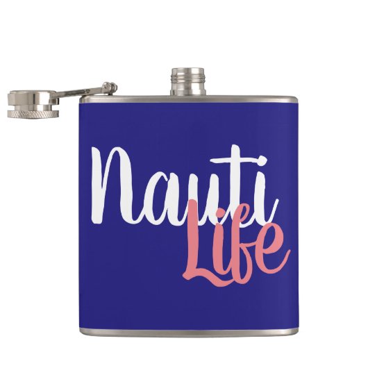schattig, nautisch NAUTI LIFE-script op marineblau Heupfles (Geopend)