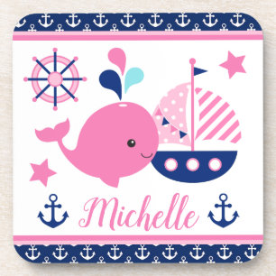 Schattig nautisch roze walvis- en ankerpatroon bier onderzetter