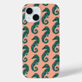 Schattig nautisch turquoise en koraal zeepaardje p iPhone 15 case