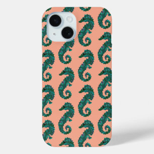 Schattig nautisch turquoise en koraal zeepaardje p iPhone 15 case