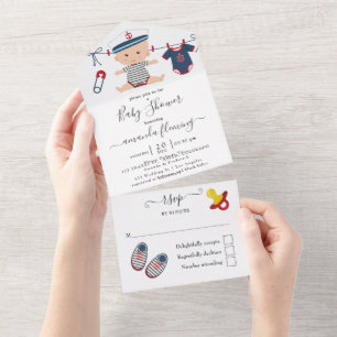 Schattig nautische jongen Baby shower alles in een All In One Uitnodiging