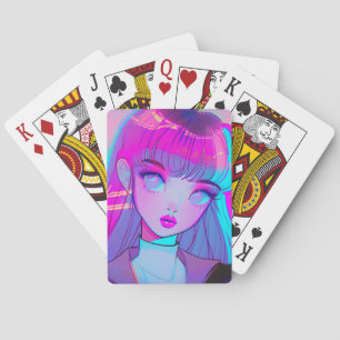 Schattig neon anime meisje speelt kaarten