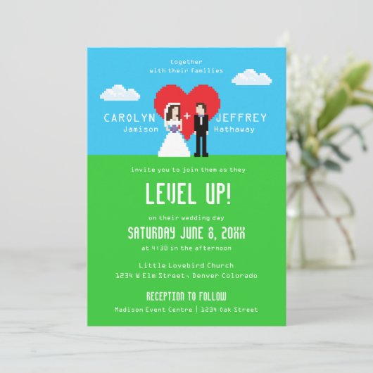 Schattig nerdy 8-bit bruiloft uitnodigingen (Staand voorkant)