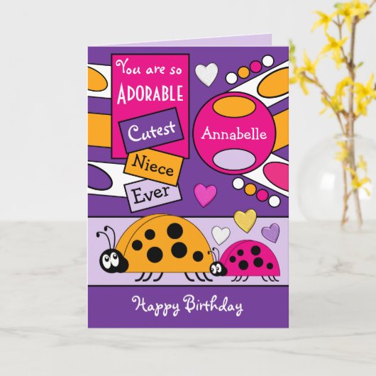 Schattig niece ladybugs speciaal meisje paars roze kaart (Gele Bloem)