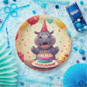 Schattig nijlpaard viert verjaardag met taart papieren bordje (Feest)