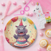 Schattig nijlpaard viert verjaardag met taart papieren bordje (Feest)