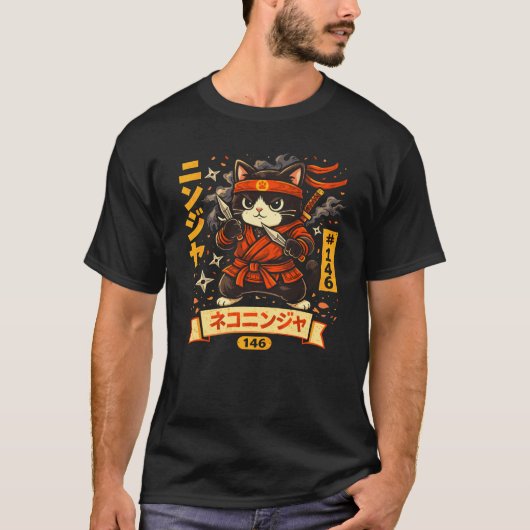 Schattig Ninja Kat Cartoon Ontwerp T-shirt (Voorkant)