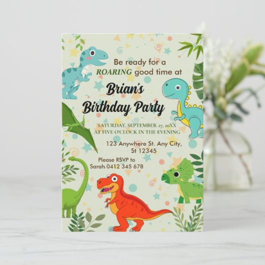 schattig oerwoud dinosaurus jongen verjaardag kaart (Staand voorkant)