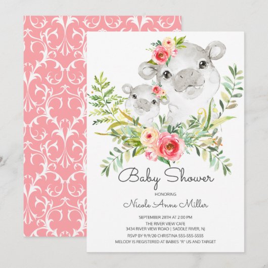 Schattig Oerwoud Hippo Baby shower Invitation Kaart (Voorkant / Achterkant)