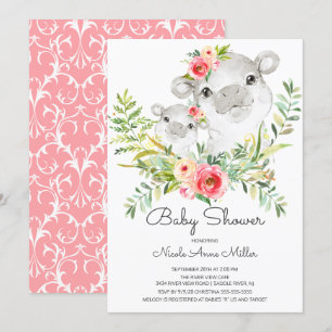 Schattig Oerwoud Hippo Baby shower Invitation Kaart