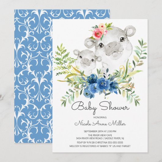 Schattig Oerwoud Hippo Baby shower Invitation Kaart (Voorkant / Achterkant)