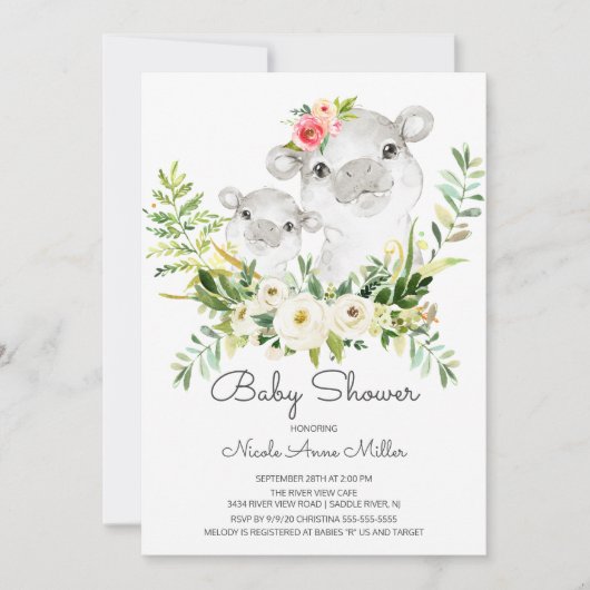 Schattig Oerwoud Hippo Baby shower Invitation Kaart (Voorkant)