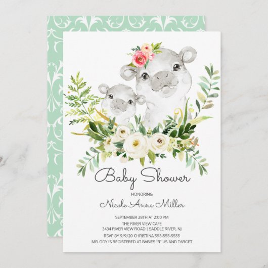 Schattig Oerwoud Hippo Baby shower Invitation Kaart (Voorkant / Achterkant)