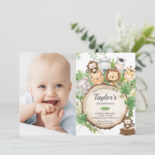 Schattig Oerwoud Safari Greenery 1e verjaardag fot Kaart (Staand voorkant)