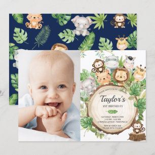 Schattig Oerwoud Safari Greenery 1st Birthday Foto Kaart