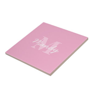 Schattig ogend cursief naam & monogram Roze Tegeltje