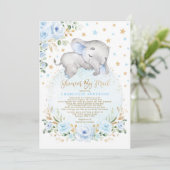 Schattig olifant blauw gouden Baby shower per post Kaart (Staand voorkant)