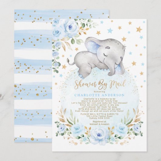 Schattig olifant blauw gouden Baby shower per post Kaart (Voorkant / Achterkant)