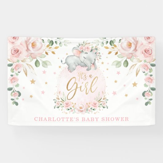 Schattig Olifant Blush Roze Bloemen Baby shower Spandoek (Horizontaal)