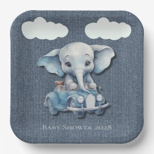 Schattig Olifant Denim Vintage Car Boy Baby shower Papieren Bordje