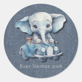 Schattig Olifant Denim Vintage Car Boy Baby shower Ronde Sticker