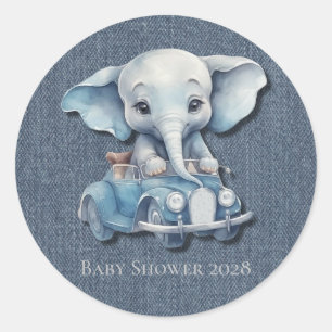Schattig Olifant Denim Vintage Car Boy Baby shower Ronde Sticker