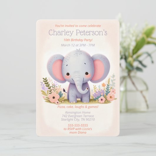 Schattig Olifant Theme Verjaardagsfeest voor Kinde Kaart (Staand voorkant)