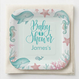 Schattig onder de zee Aquarel Oceaan Baby Shower Papieren Bordje