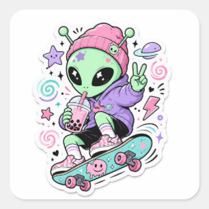 Schattig ontwerp van een alien-skater vierkante sticker