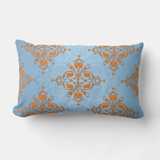 Schattig Oranje en Blauwe Damast Kussen (Voorkant)