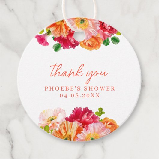 Schattig Oranje en Helroze Bloemrijke Bruidsdouche Bedankjes Labels (Voorkant)