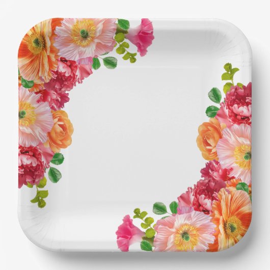 Schattig Oranje en Helroze Bloemrijke Bruidsdouche Papieren Bordje (Voorkant)