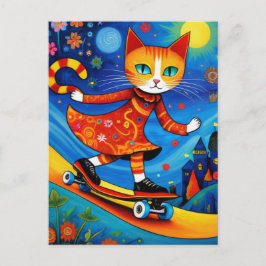 Schattig Oranje Kat in een Jurk Skateboarden Briefkaart