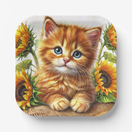 Schattig Oranje Katje Tussen Zonnebloemen Papieren Bordje