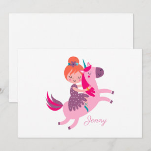 Schattig Oranjeharig Meisje Rijdt op een Eenhoorn Feestdagenkaart