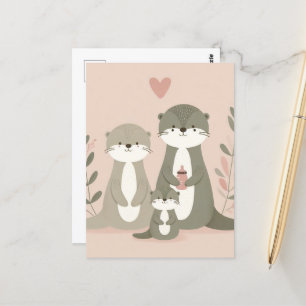 Schattig Otter Boho Moeder Pap en Baby Pink Briefkaart