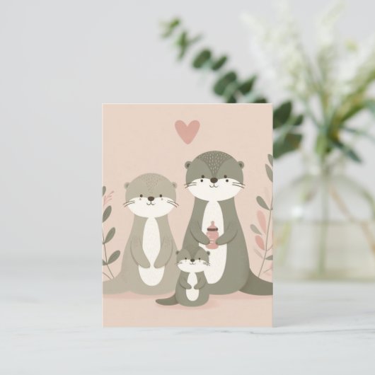 Schattig Otter Boho Moeder Pap en Baby Pink Briefkaart (Staand voorkant)