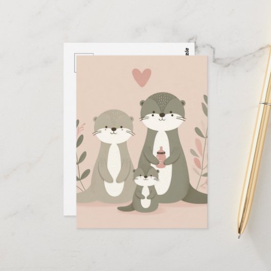 Schattig Otter Boho Moeder Pap en Baby Pink Briefkaart (Voorkant / Achterkant in situ)